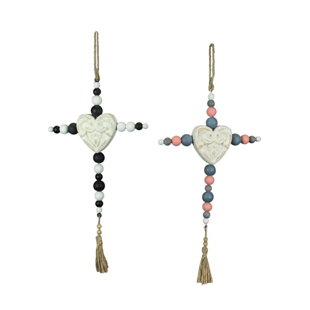 19 Inch Wooden Bead Cross Wall Hanging Home Decor Modern Decorative Art Set of 2